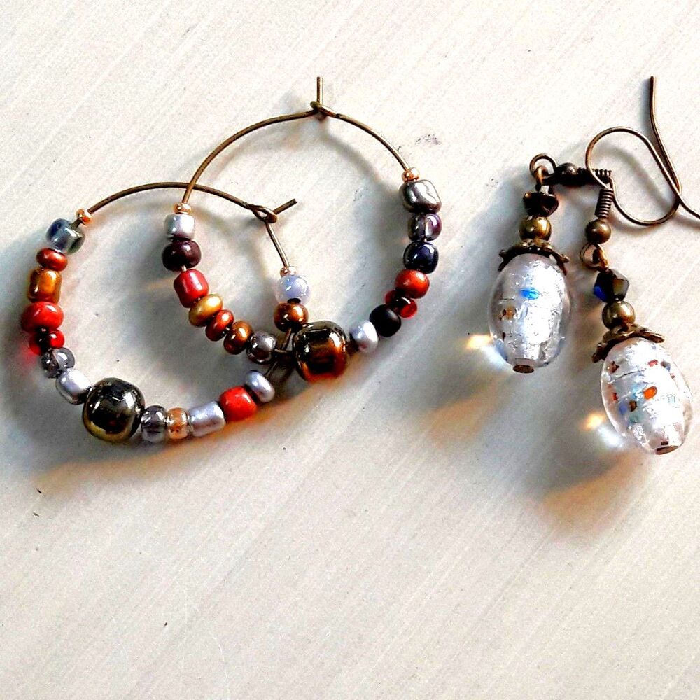 Silver Glass dangles & Antique Bronze Hoops Hidden Meaning earring 601■